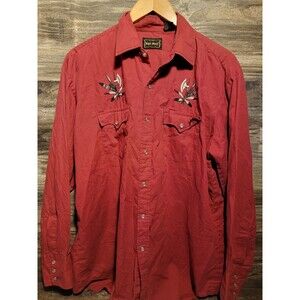 Vintage High Noon Western Cowboy Shirt Men's L Red Pearl Snap Embroidered